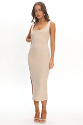 Sheena Square Neckline Side Split Midi Dress Beige