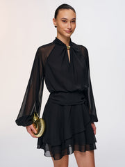 Metal Detail Semi-Sheer Chiffon Mini Dress