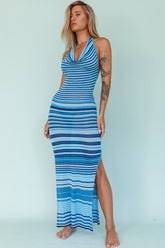 Azure Shores Knit Midi Dress Striped Blue