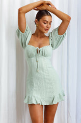 Mikayla Puff Sleeve Tied Back Eyelet Embroidery Dress Avocado
