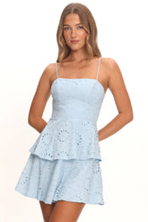 Provence Bloom Tiered Mini Dress Eyelet Blue