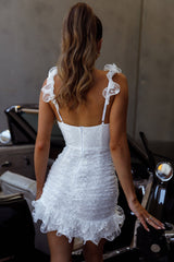 Kaley Ruched Side Layered Frill Hem Lace Mini Dress White